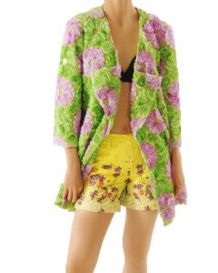 Green/purple flowers coat + yellow fancy shorts